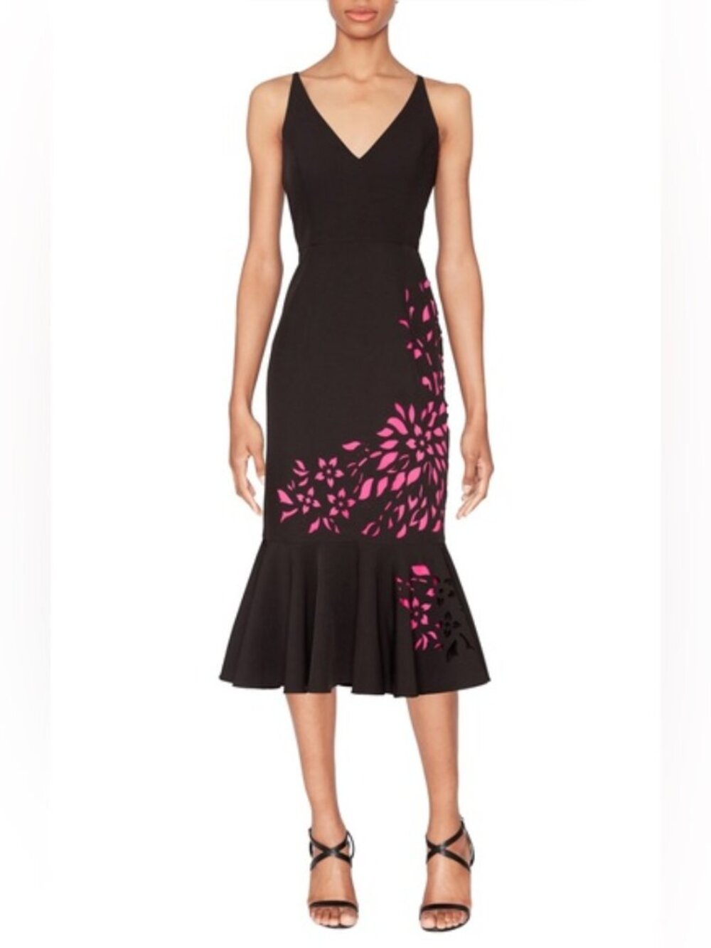 White Tie By Shani Black Black Pink Laser Cut Flounce-Hem Midi Dress